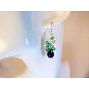 Lapis Lazuli-Green Quartz-Fresh Water Pearl Beaded Sterling Silver Earrings